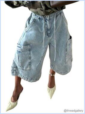 Womens Baggy Cargo Jeans Wide Leg Cropped Denim Pleated